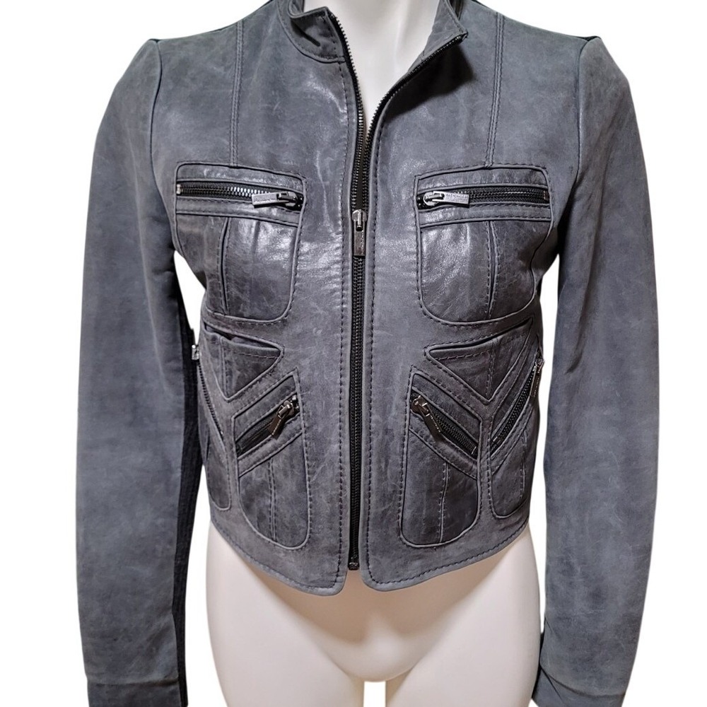 Bcbg Maxazria Gray Two-Tone Jacket Leather Women XS Zip motorcore biker y2k 90s